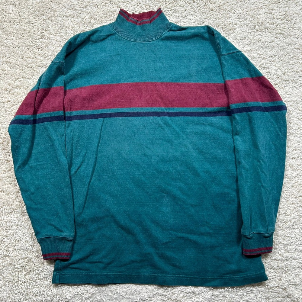 Vintage LL Bean Mock Neck Sweatshirt Heavyweight Large Green Made in USA Striped